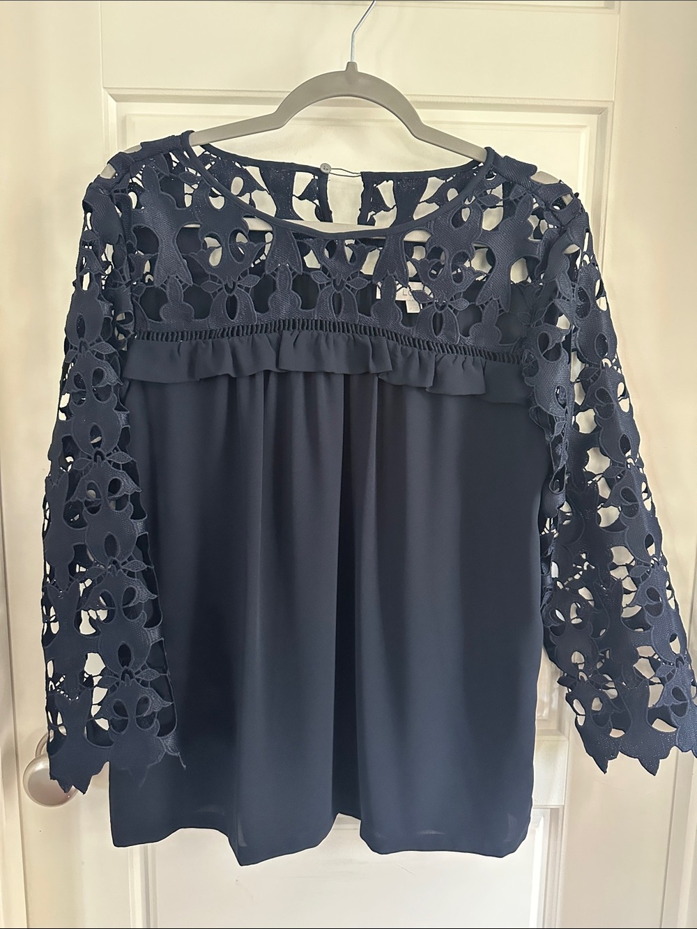 LOFT Navy Crochet Yoke Long-Sleeve Blouse